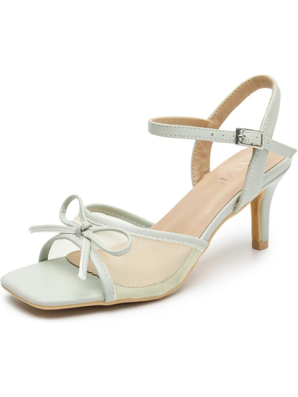 Women's Sage Green Rubber Mesh Bow Square Toe Kitten Heel Ankle Strap Sandals